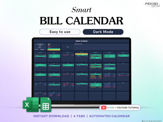 Bill Tracker Spreadsheet Dark Mode Google Sheets Excel Bill Calendar Monthly Smart Bill Planner Editable Calendar Personal Finance Budget