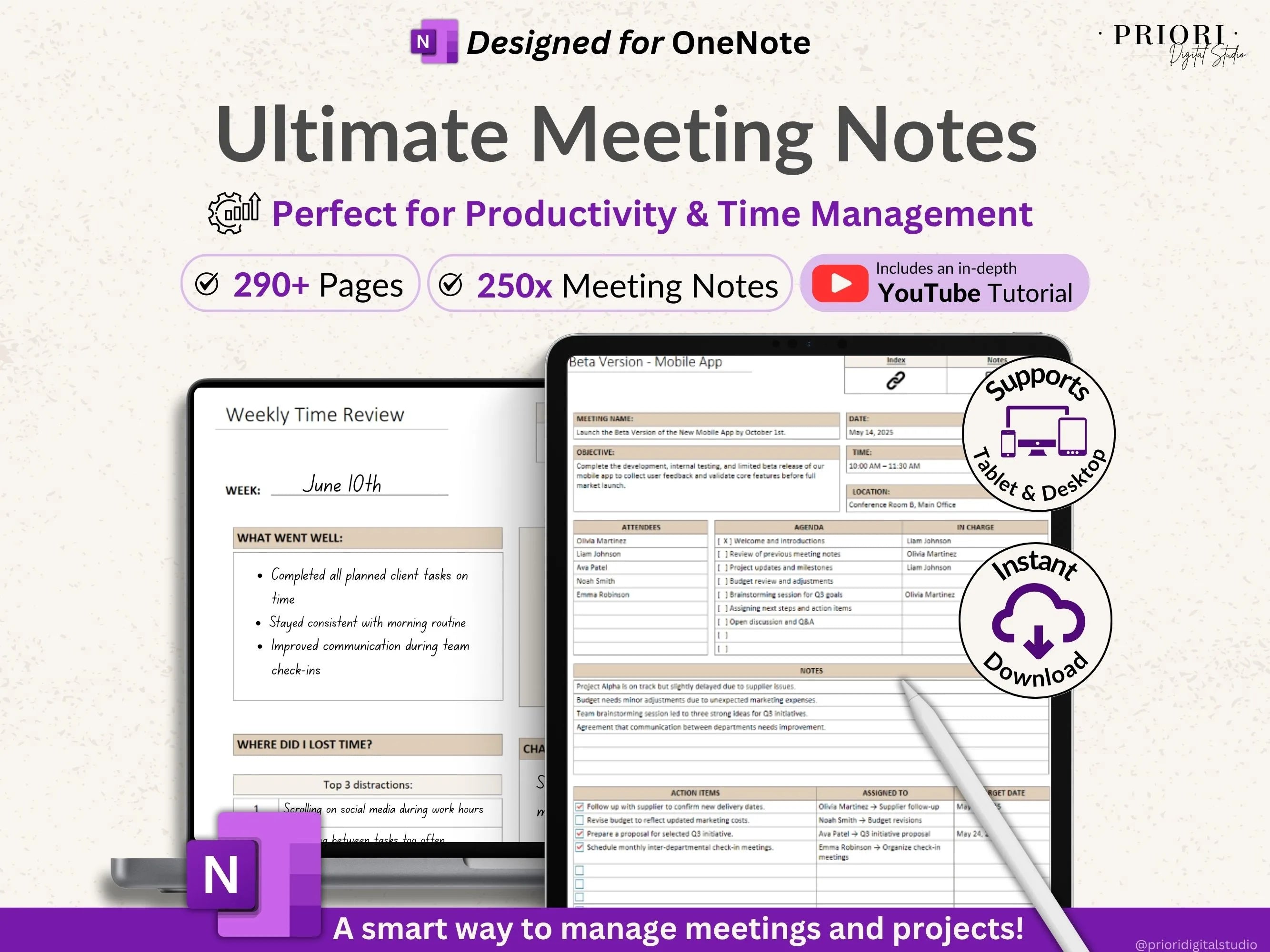 OneNote Planner Meeting Notes Planner Hyperlinked Digital Planner OneNote Productivity Planner for Professional OneNote Work Task Tracker