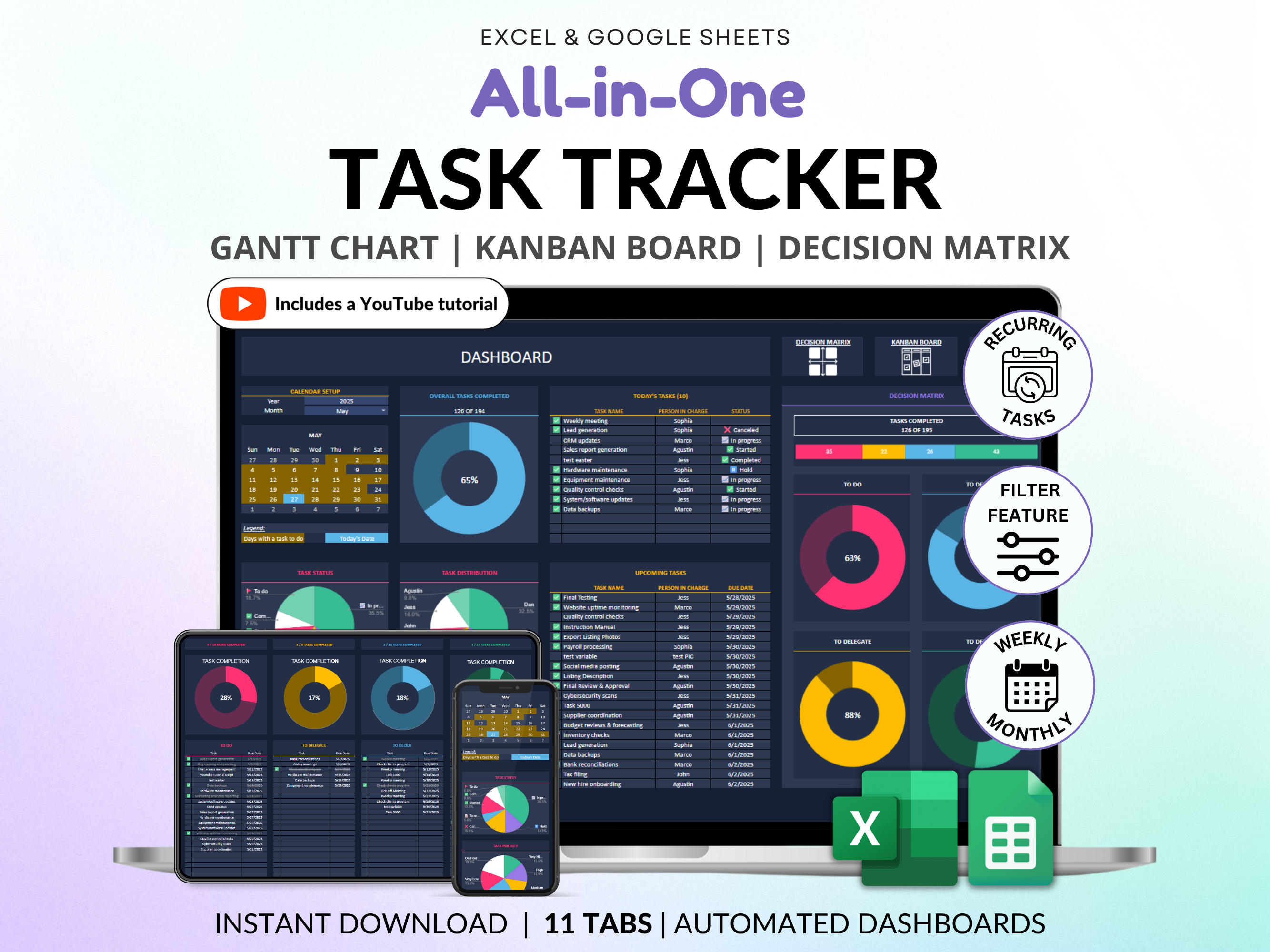 All-in-One Task Tracker spreadsheet with dashboard and interface elements on a gradient background