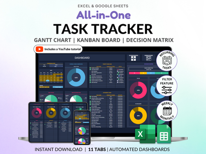 All-in-One Task Tracker spreadsheet with dashboard and interface elements on a gradient background