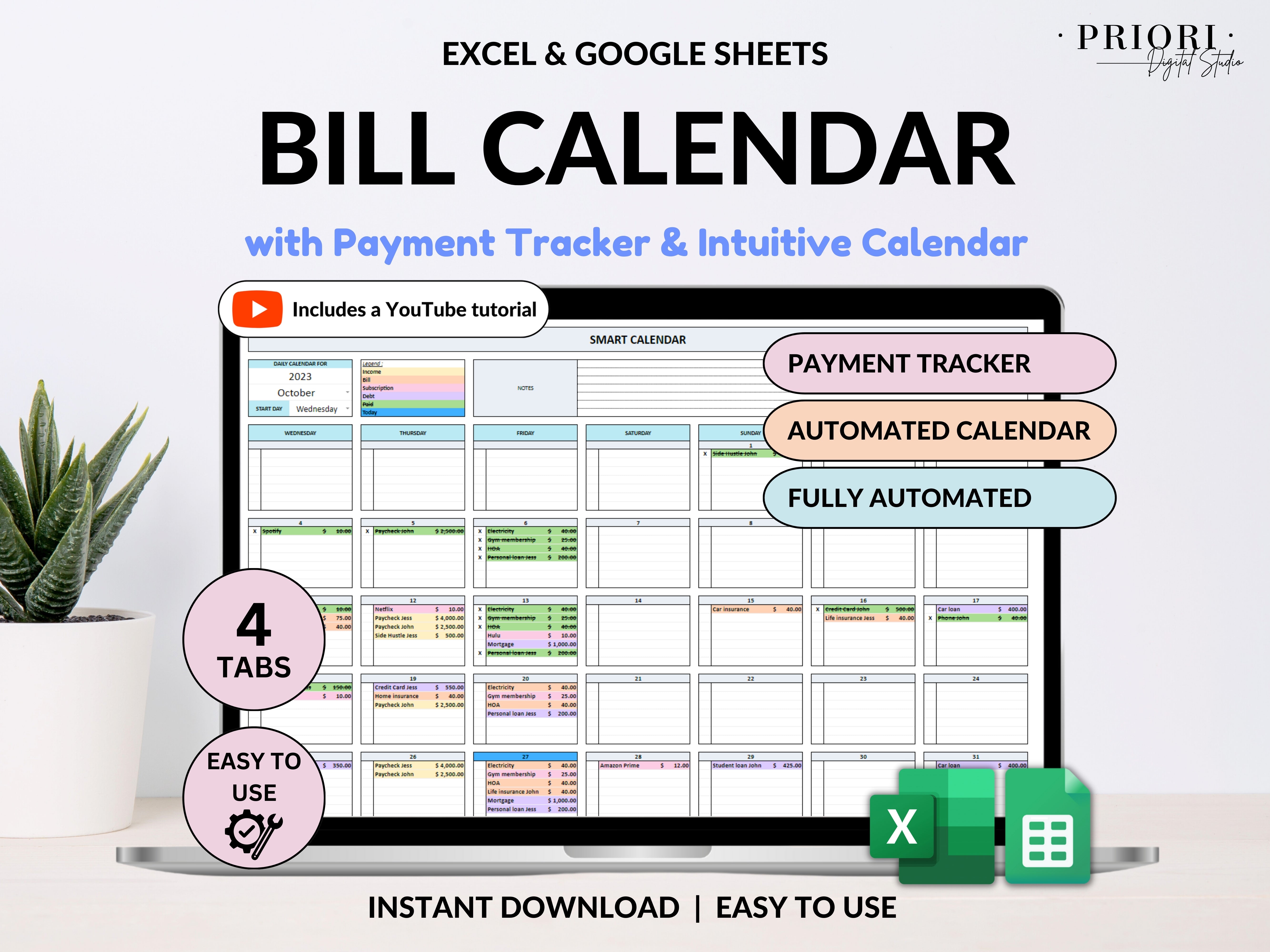 Bill Tracker Spreadsheet Google Sheets Excel Bill Calendar Monthly Smart Bill Planner Editable 2025 Calendar Budget Calendar Budget Tracker#color_multicolor