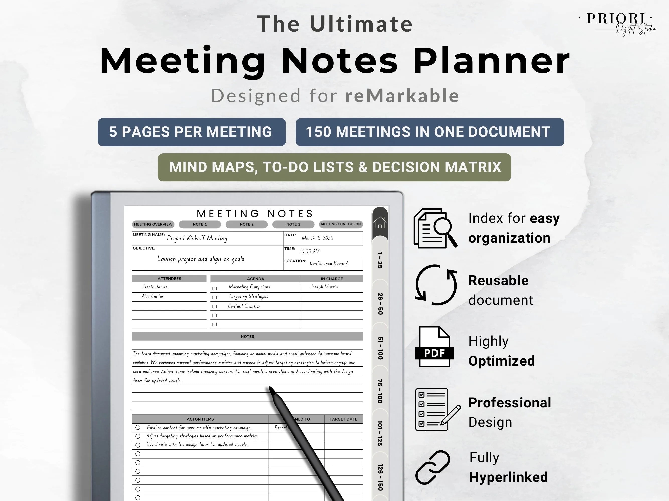 Meeting Notes Planner reMarkable 2 Meeting Templates Hyperlinked for reMarkable Paper Pro Meeting Minutes reMarkable Planner Meeting Agenda