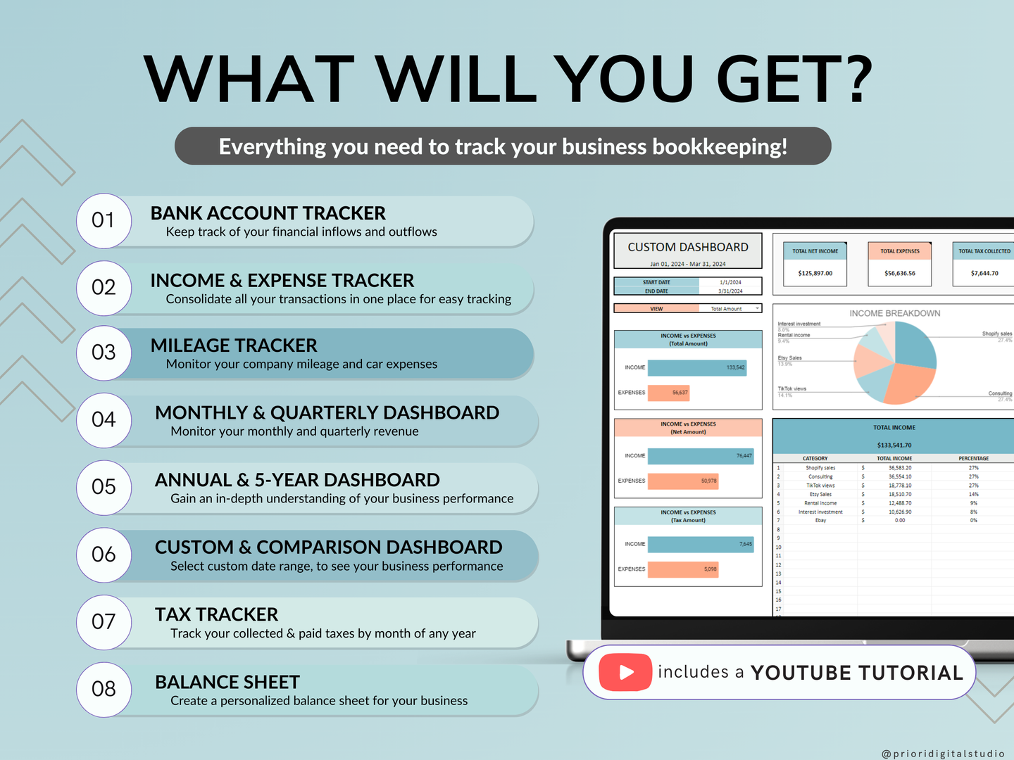 Small Business Bookkeeping Spreadsheet Income Expense Tracker Tax Tracker Accounting Template Mileage Tracker Business Planner Profit & Loss Excel Google Sheets