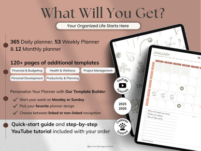 Promotional graphic for an organized planner with features and benefits.