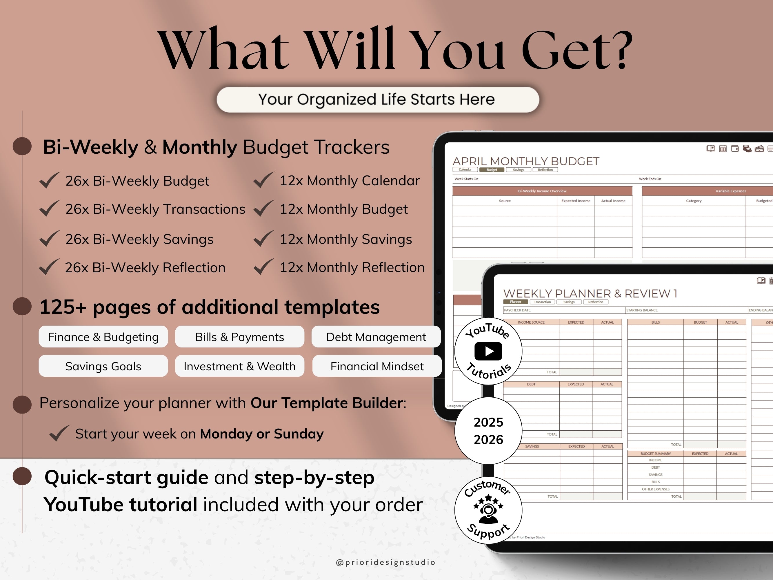 Promotional graphic for budget trackers and planners with text and screenshots.