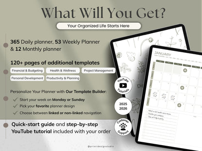 Promotional graphic for a planner with features and benefits listed.