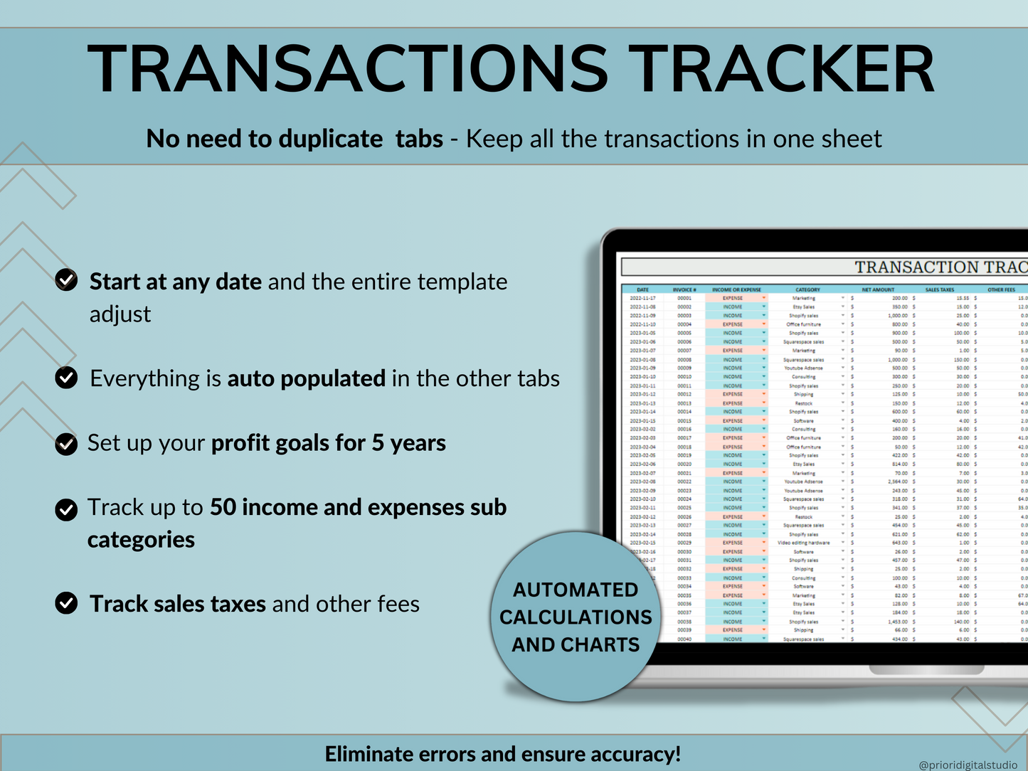 Small Business Bookkeeping Spreadsheet Accounting Template Business Expense Bill Tracker Income Sales Profit Tracker Google Sheets Excel