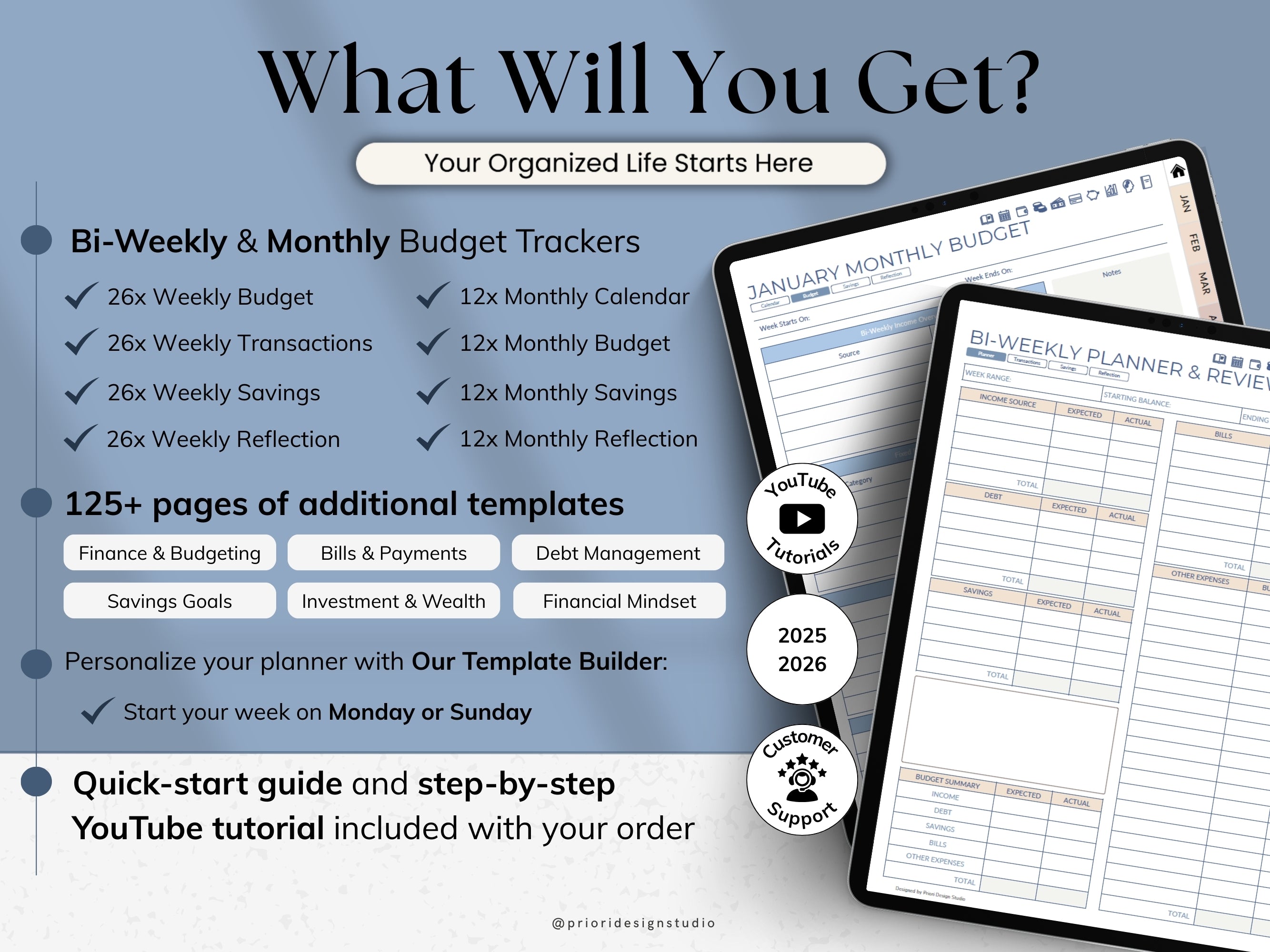 Product advertisement for budget trackers with text and images of planner pages.