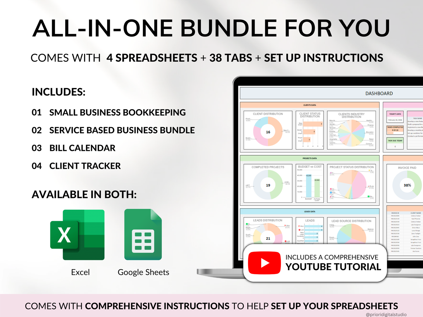 Small Business Spreadsheet Service Business Bookkeeping Client Tracker CRM Payroll Tracker Invoice Tracker Order Tracker Google Sheet Excel