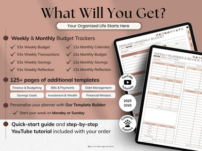 Product advertisement for a budget planner with features and benefits listed.