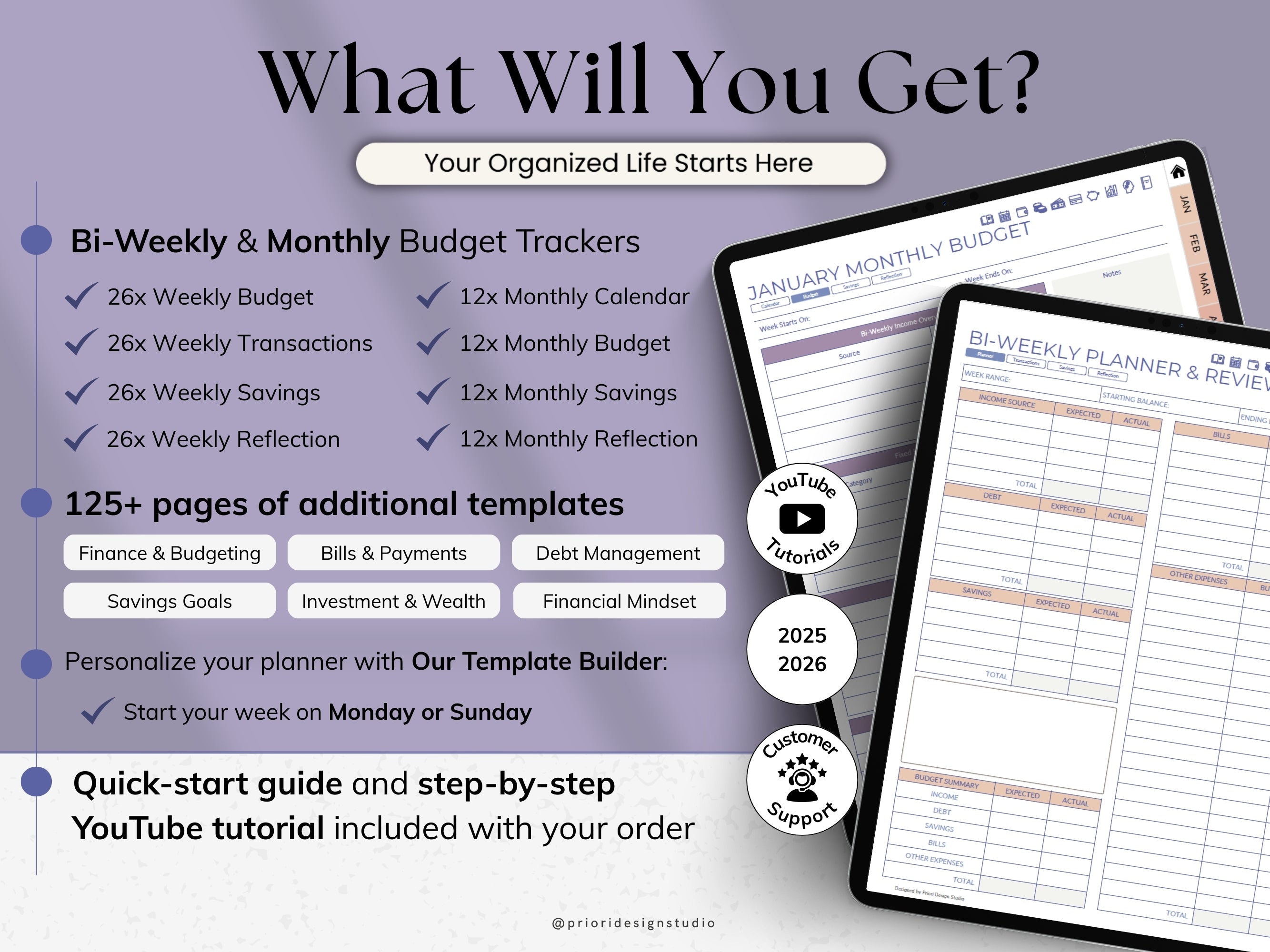 Product advertisement for budget trackers with text and screenshots of the product.