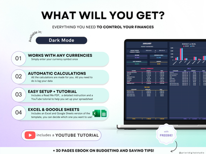 Simple Budget Spreadsheet Dark Mode Monthly Budget Spreadsheet Google Sheets Excel Weekly Paycheck Budget Biweekly Budget Expense Tracker#color_dark