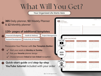 Promotional graphic for a planner set with text and images of planner pages.