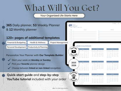 Promotional graphic for a planner with features and benefits listed.