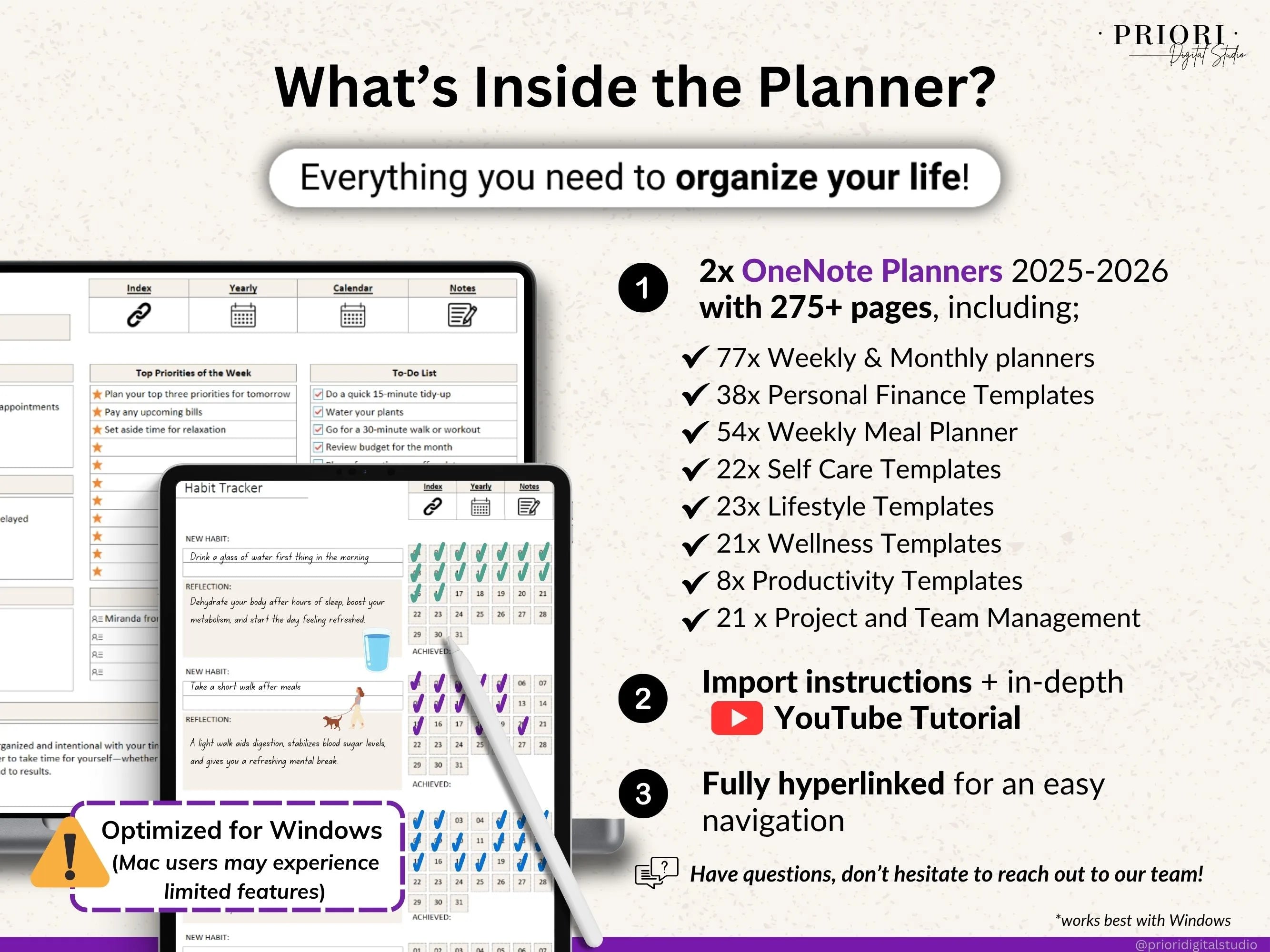 OneNote Template for 2025 Weekly Digital Planner Monthly OneNote Planner Hyperlinked Planner Organization Planner Professional Dated Planner