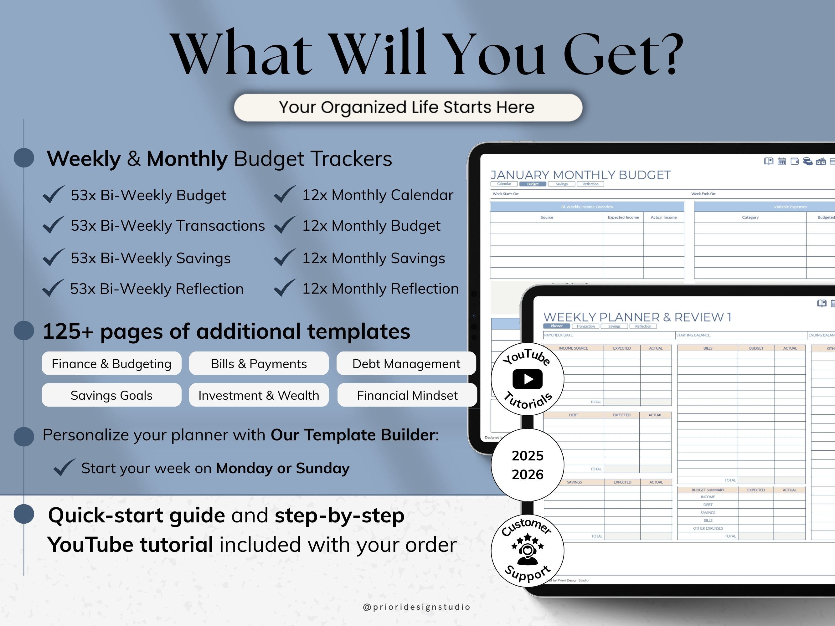 Weekly Budget Planner app on a tablet with a stylus, on a light gray background.