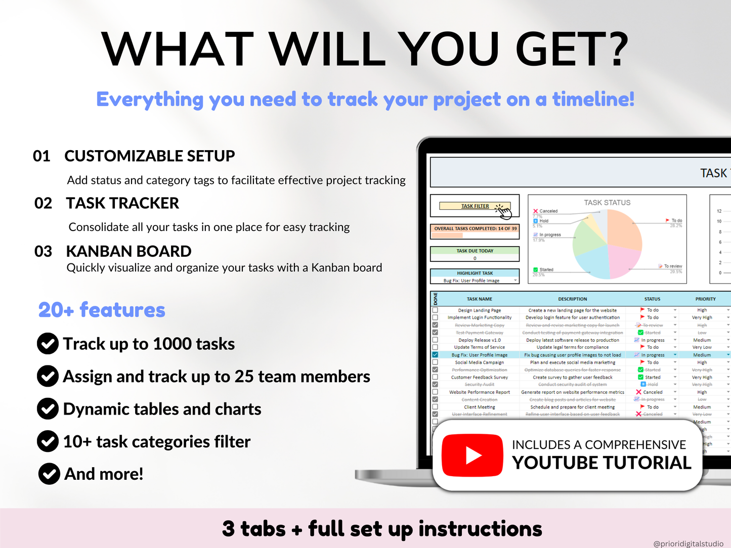 Kanban Board w/ Task Tracker for Small Business Project Planning To-Do List Project Template Task Checklist Small Business Planner Excel Google Sheets