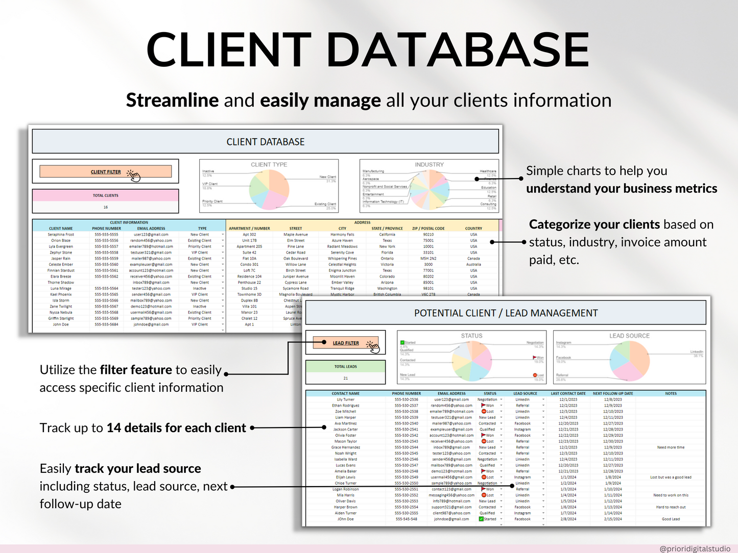 Client Tracker Spreadsheet for Small Business with Task Tracker Customer CRM Dashboard Google Sheets Excel Lead Management Invoice Tracker