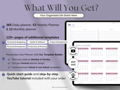 Promotional graphic for an organized planner with features and benefits.