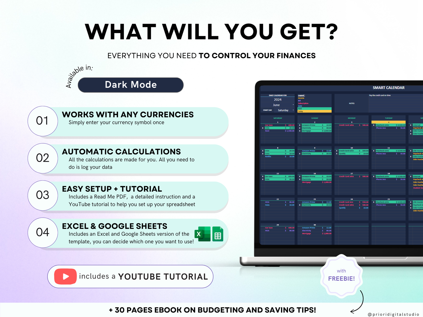 Bill Tracker Spreadsheet Dark Mode Google Sheets Excel Bill Calendar Monthly Smart Bill Planner Editable Calendar Personal Finance Budget