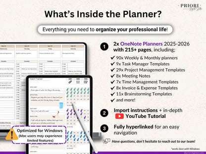 OneNote Planner 2025 2026 Professional One Note Template for Work Project Management Hyperlinked Planner Weekly Planner Organization Planner