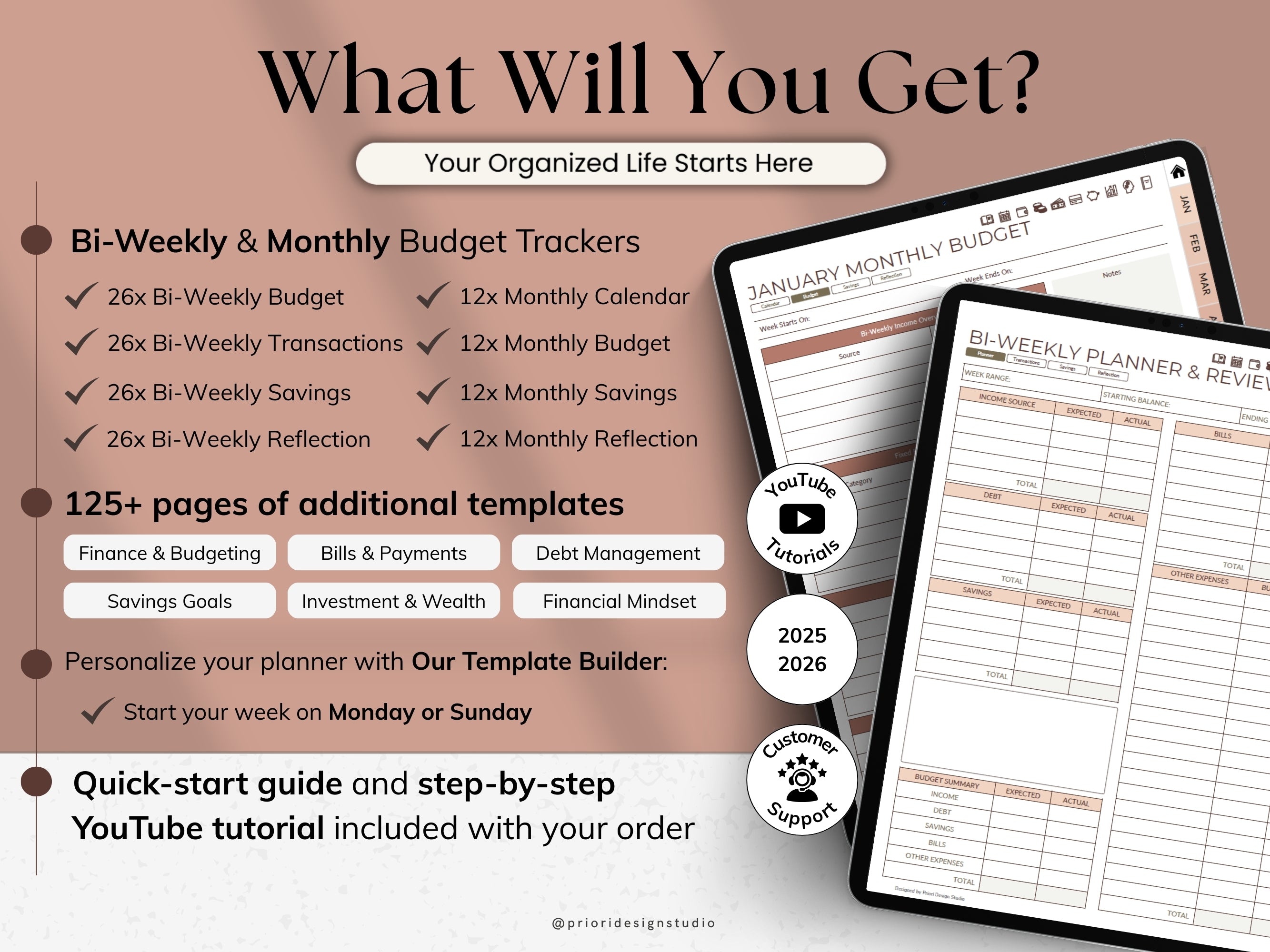 Product advertisement for a budget planner with features and benefits listed.