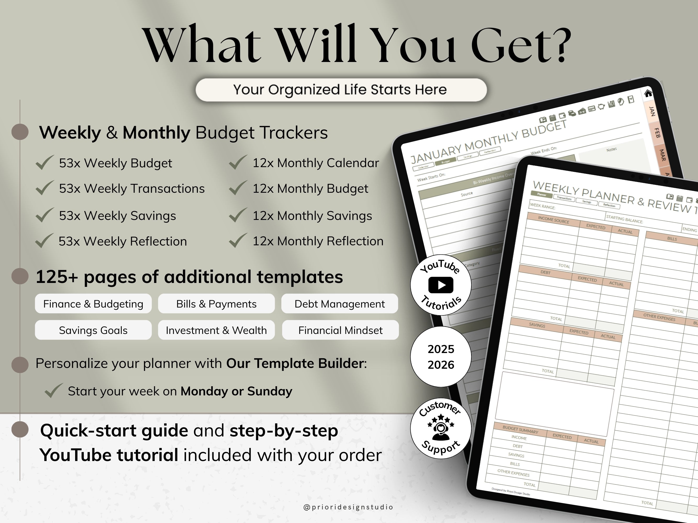 Product advertisement for budget trackers and planners with text detailing features.