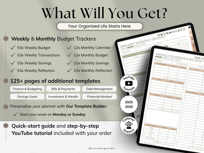 Product advertisement for budget trackers and planners with text detailing features.