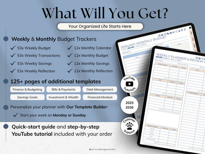 Product advertisement for budget trackers with text and images of planner pages.