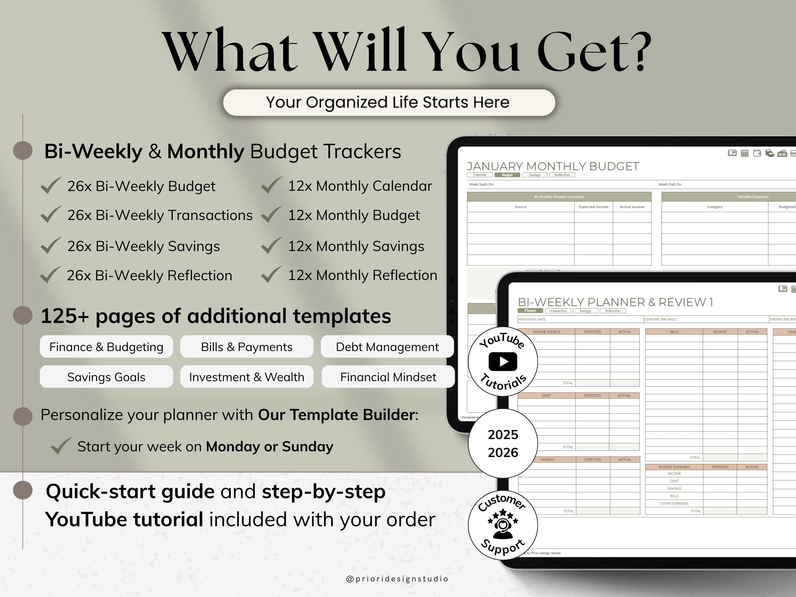 Promotional graphic for budget tracking software with features and benefits listed.