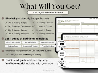 Promotional graphic for budget tracking software with features and benefits listed.