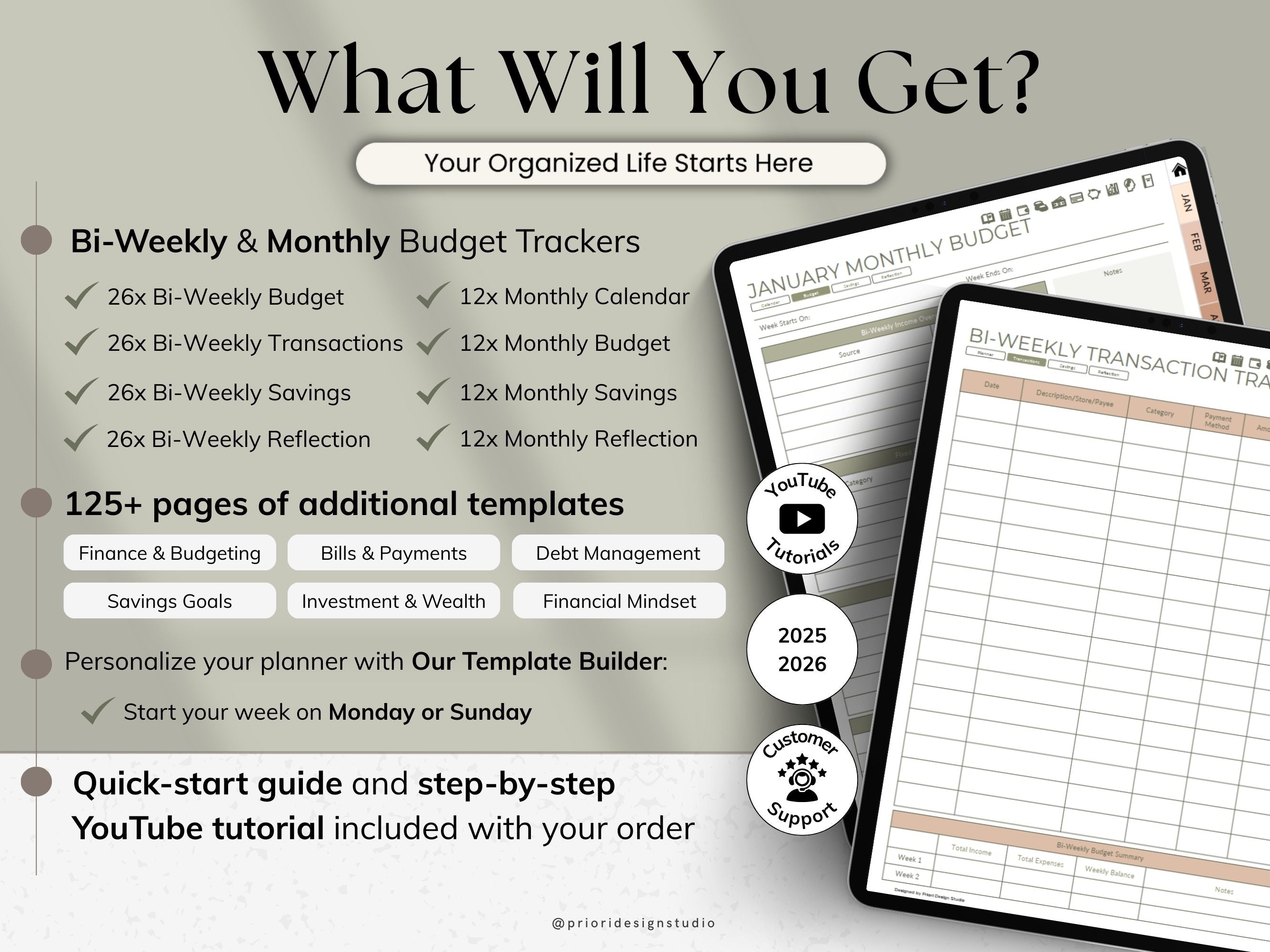 Product advertisement for budget trackers with text and tablet displaying templates.