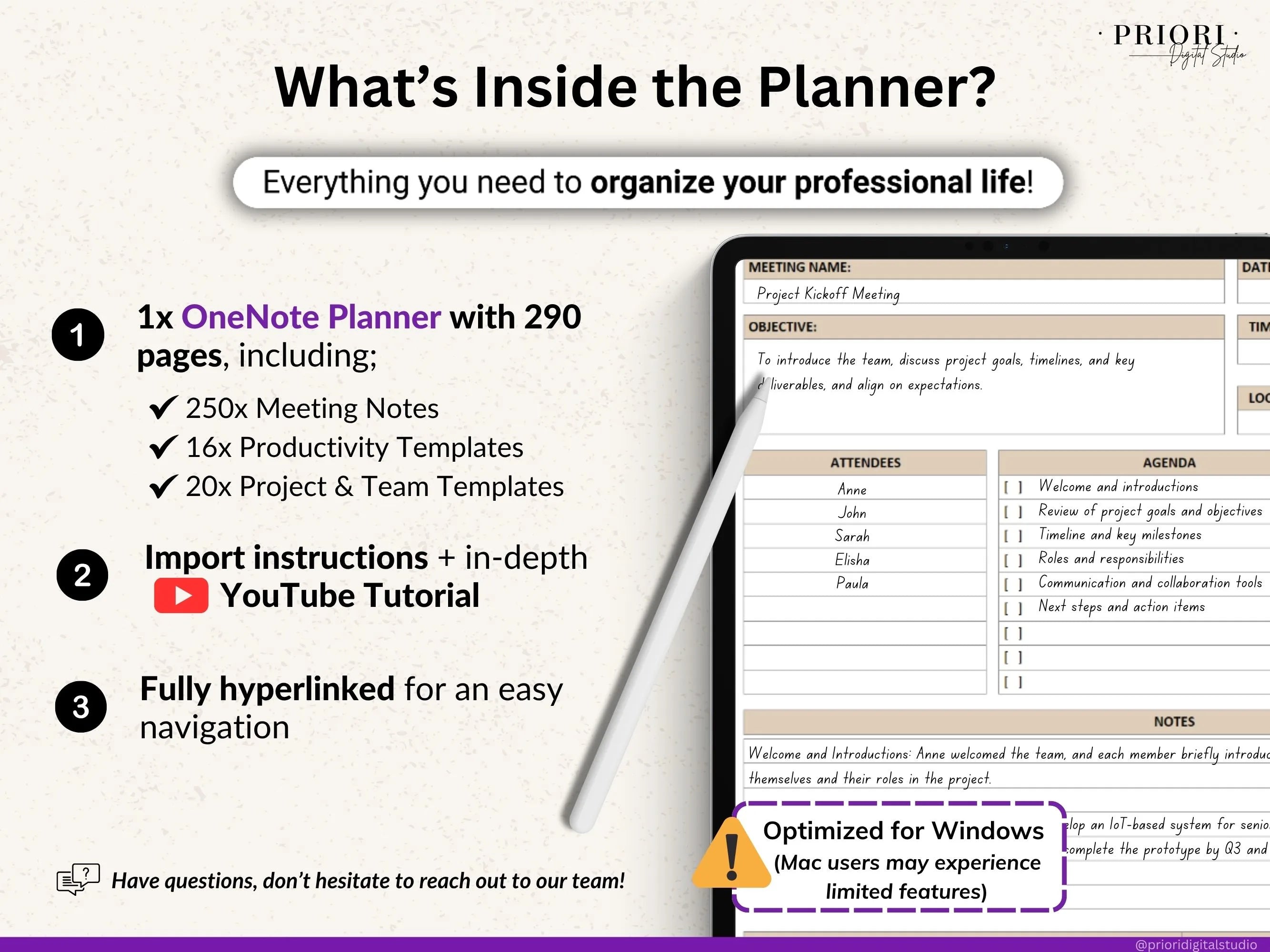 OneNote Planner Meeting Notes Planner Hyperlinked Digital Planner OneNote Productivity Planner for Professional OneNote Work Task Tracker