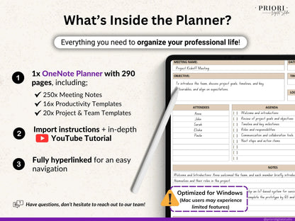OneNote Planner Meeting Notes Planner Hyperlinked Digital Planner OneNote Productivity Planner for Professional OneNote Work Task Tracker