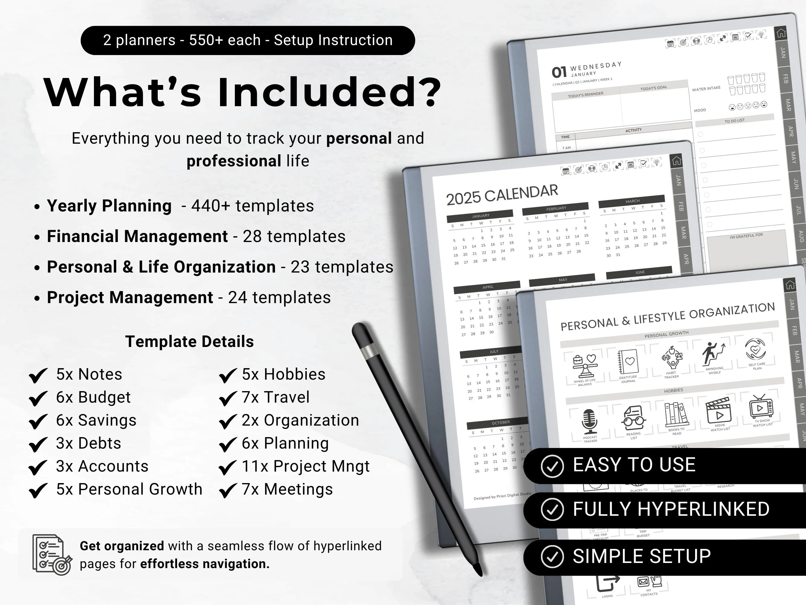 reMarkable Digital Planner 2025 2026 Daily Planner reMarkable 2 Template Minimalist Hyperlinked Planner for reMarkable Organization Planner
