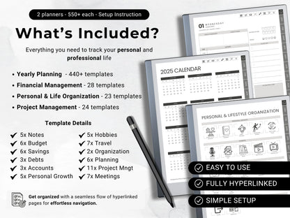 reMarkable Digital Planner 2025 2026 Daily Planner reMarkable 2 Template Minimalist Hyperlinked Planner for reMarkable Organization Planner
