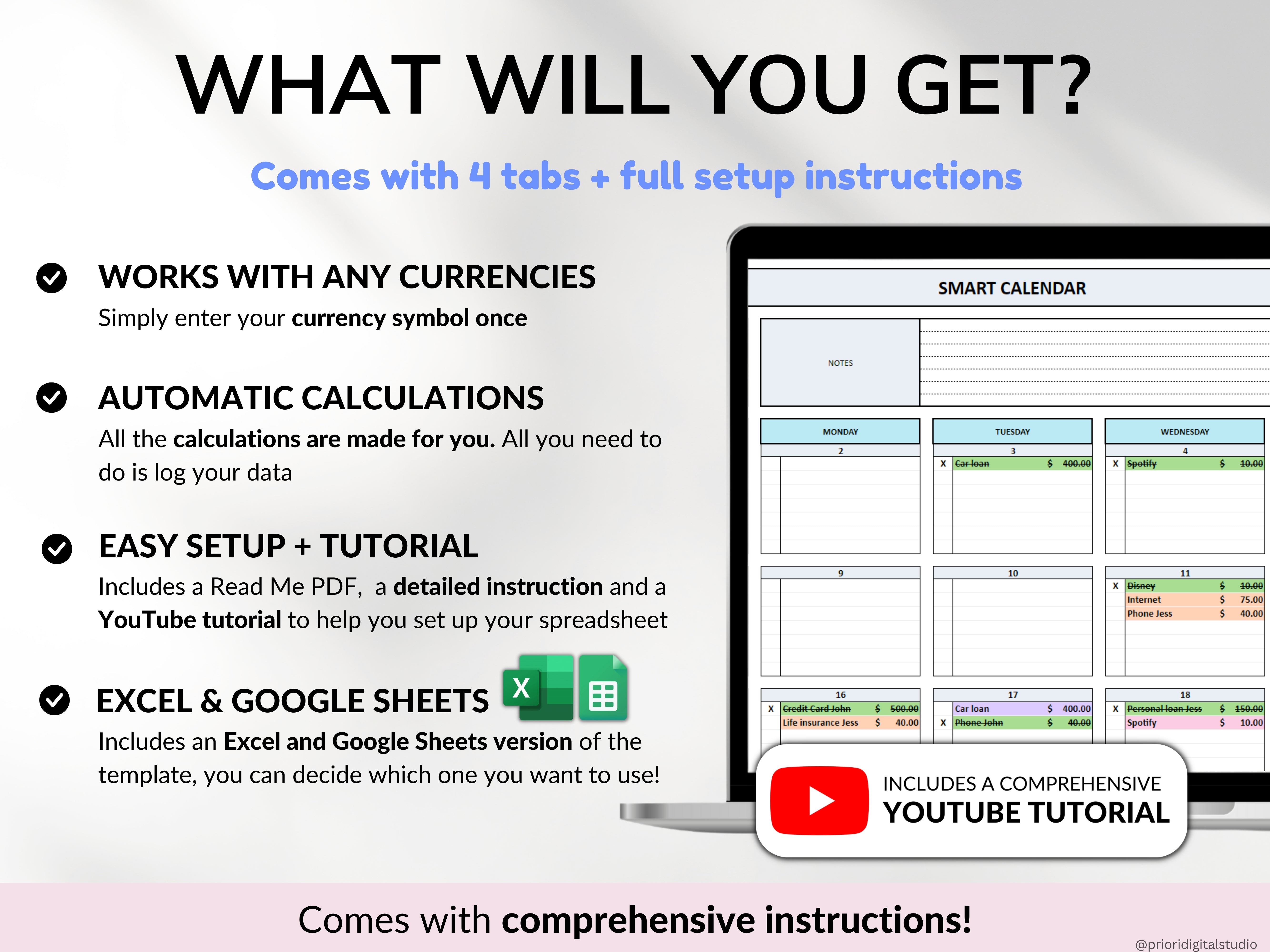 Bill Tracker Spreadsheet Google Sheets Excel Bill Calendar Monthly Smart Bill Planner Editable 2025 Calendar Budget Calendar Budget Tracker#color_multicolor