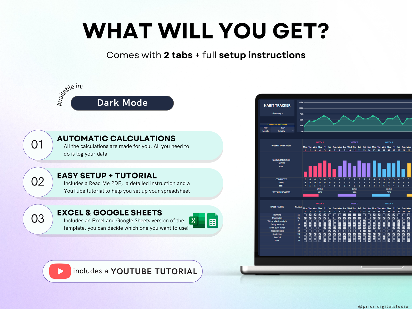 Habit Tracker Spreadsheet Dark Mode Google Sheets Excel Daily Habit Planner Weekly Goal Planner Digital Routine Dashboard Habit To Do List