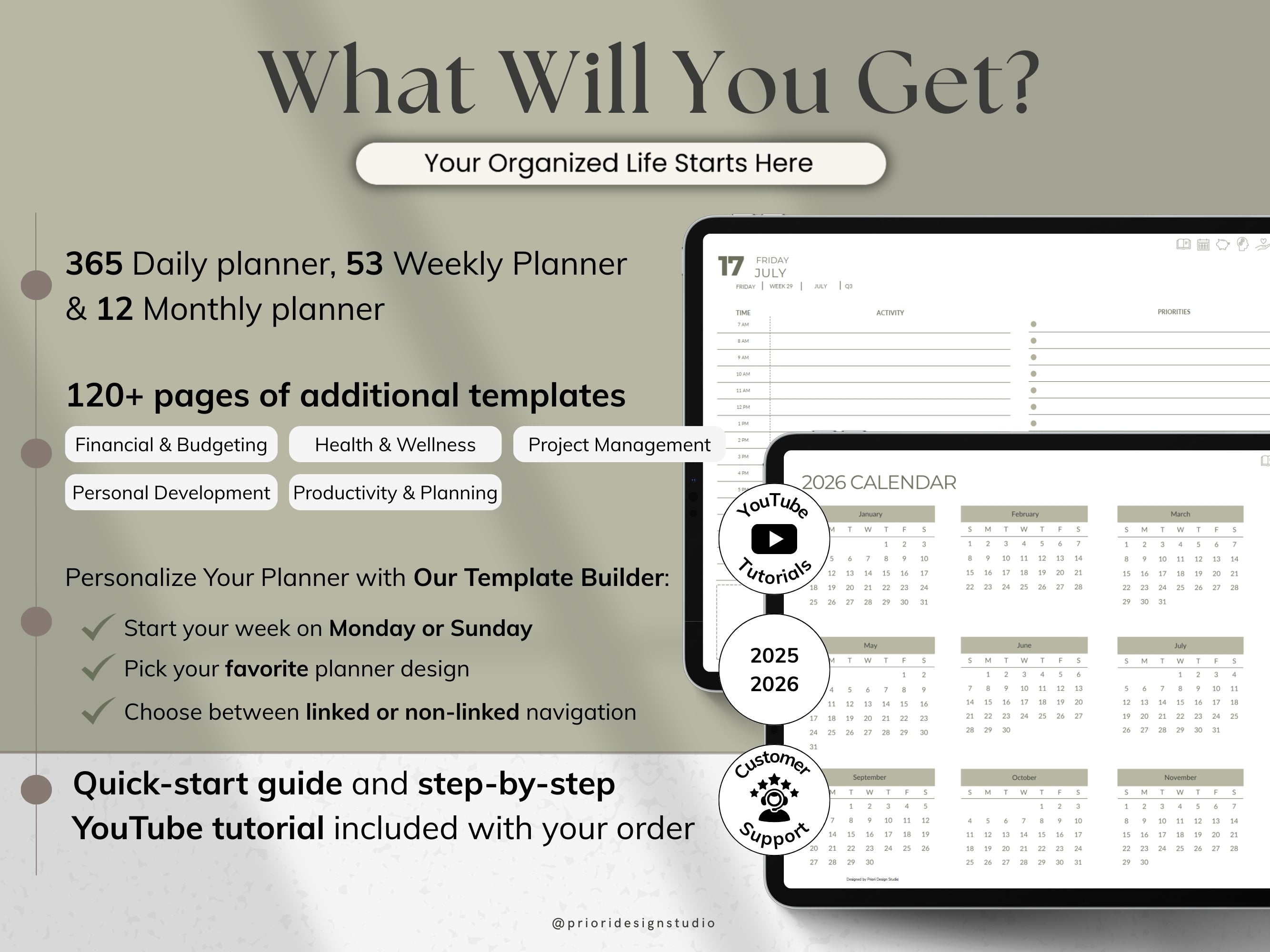 Promotional graphic for a planner with features and benefits listed.