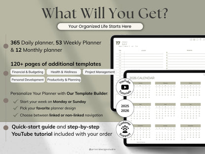 Promotional graphic for a planner with features and benefits listed.