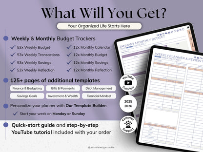 Product advertisement for a budget planner with features and templates displayed.
