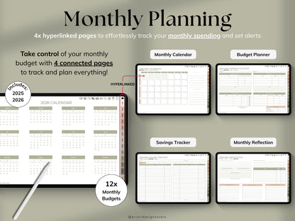 Monthly planning and budgeting tools with hyperlinked pages on a beige background