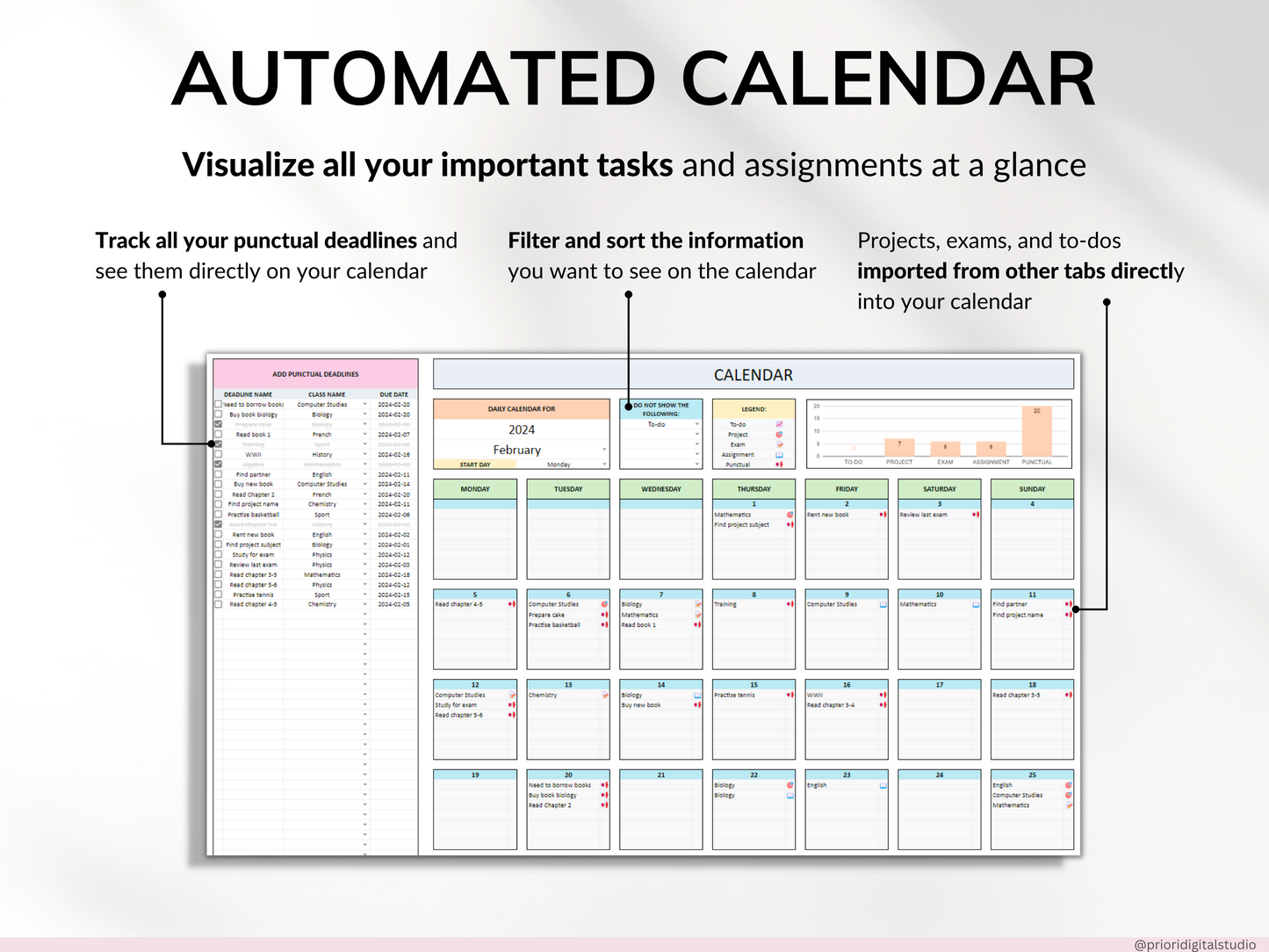 Student Planner with Assignment Tracker Academic Planner Google Sheets Excel Task Tracker To-Do List Automated Calendar Budget Finance Tracker