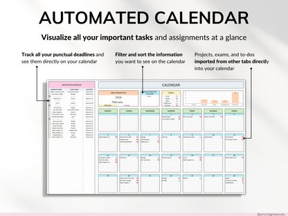 Student Planner with Assignment Tracker Academic Planner Google Sheets Excel Task Tracker To-Do List Automated Calendar Budget Finance Tracker