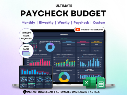 Paycheck Budget Spreadsheet Weekly Budget Monthly Budget Biweekly Bill Tracker Debt Tracker Financial Planner Google Sheets Excel Template