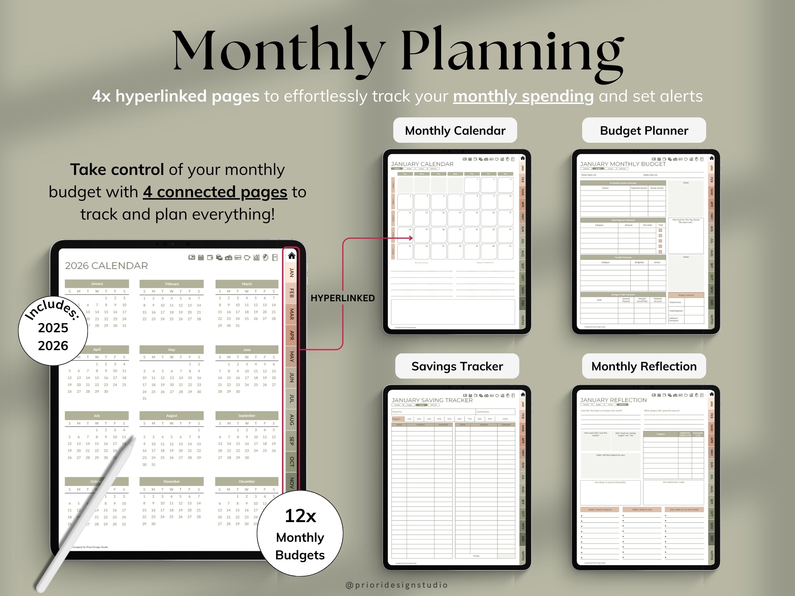 Monthly planning and budgeting tool with various pages on a gray background