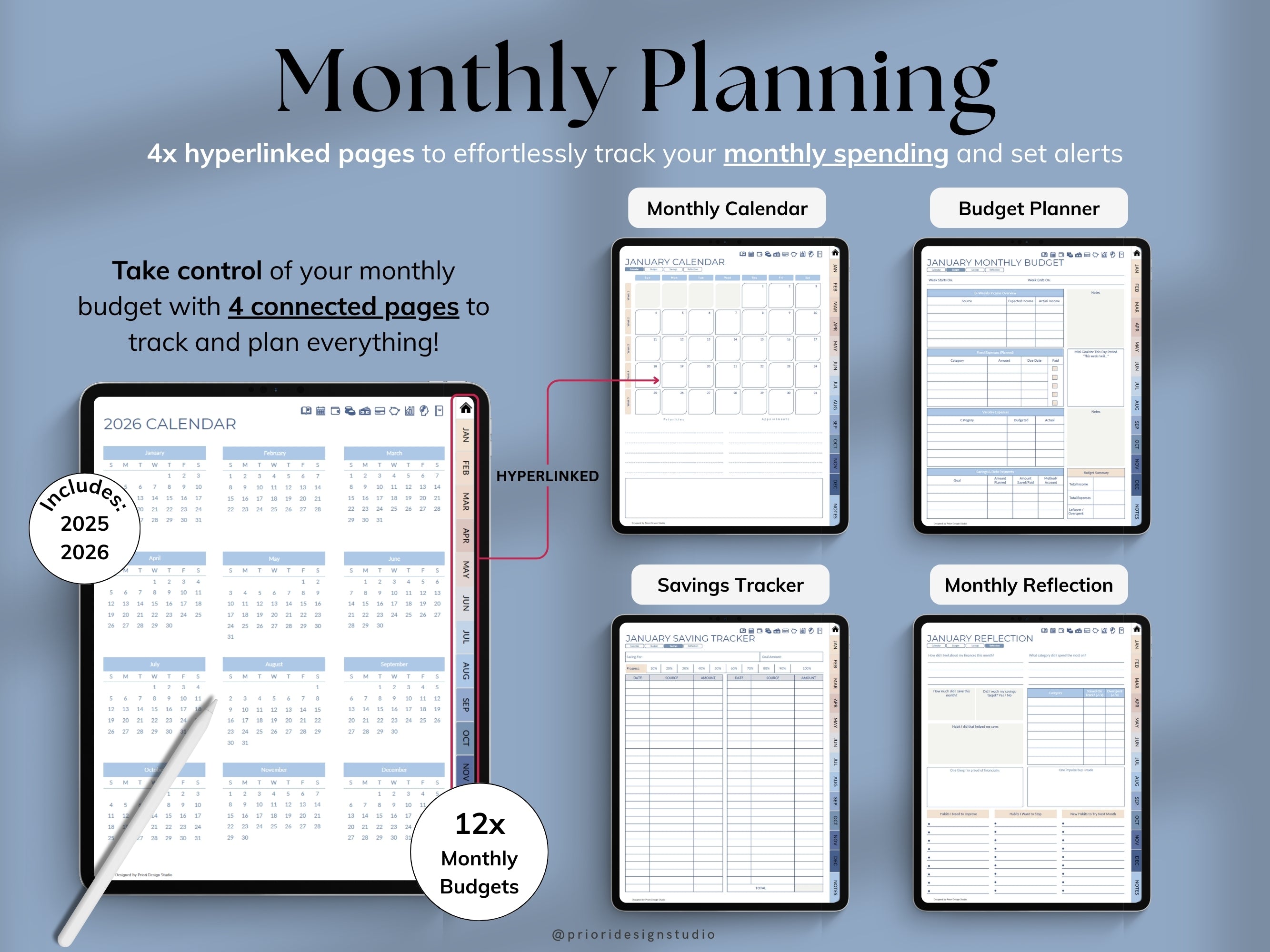 Monthly planning tool with various pages for budgeting, tracking, and reflection on a blue background.