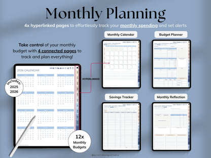 Monthly planning tool with various pages for budgeting, tracking, and reflection on a blue background.