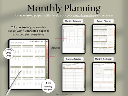 Monthly planning and budgeting planner with various sections on a gray background