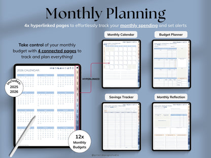 Monthly planning tool with various pages for budgeting, tracking, and reflection on a blue background.